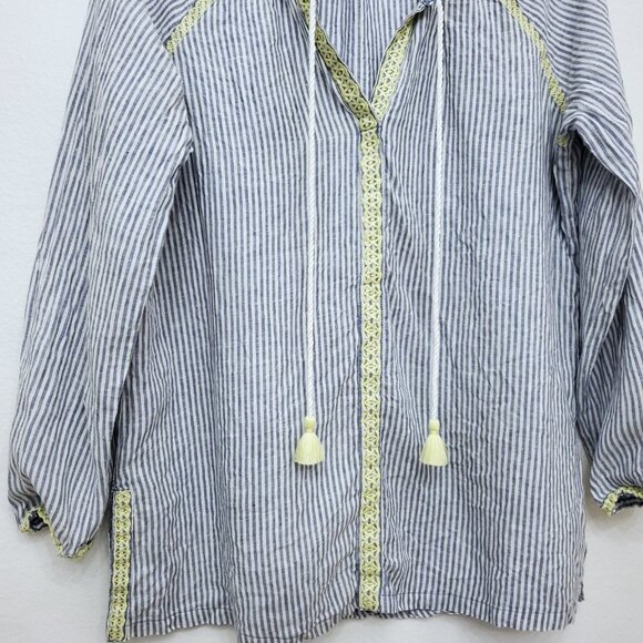 Spartina 449 Striped V-Neck Linen Tassel Blouse With Yellow Accents Size Medium - Picture 4 of 12